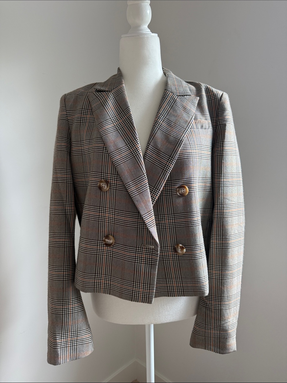 Lucy Paris Beige Plaid Double-Breasted Cropped Blazer